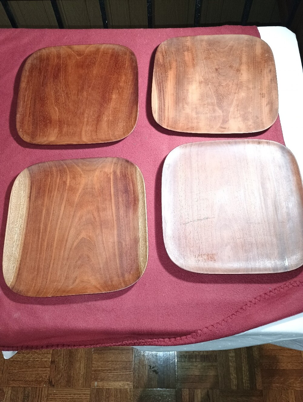 Set of Four Carribean Hand Craft Square Mahogany Wooden Plates Haiti 11.5 in